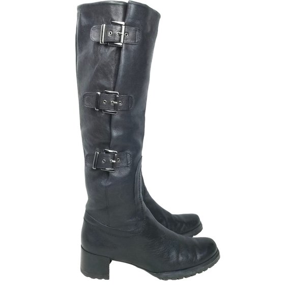 Stuart Weitzman Tall Black Leather Buckle Heeled Riding Boots size 8.5 - Picture 12 of 15